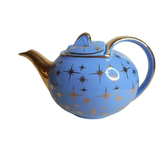 EUC VTG 1950s Hall Periwinkle Blue & Gold Atomic Starburst 6 cup Teapot 0749GL - Picture 3 of 8